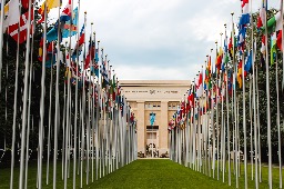 flags on green grass field near brown concrete building during daytime